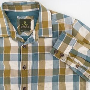 prAna Men's Small Button Up Flannel Shirt Blue Green Plaid Casual Outdoor Hiking